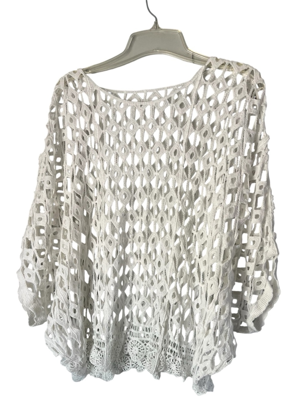 Crochet Open-Knit White Boho top dolman sleeve one size scalloped lace hem